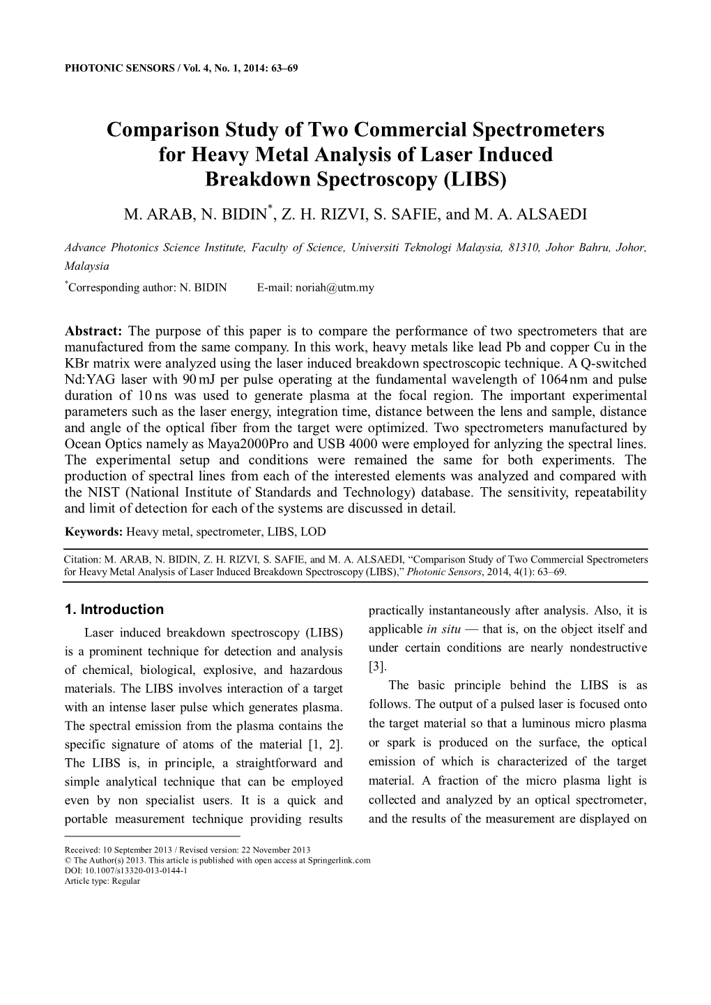 Comparison Study of Two Commercial Spectrometers for Heavy Metal Analysis of Laser Induced Breakdown Spectroscopy (LIBS) M