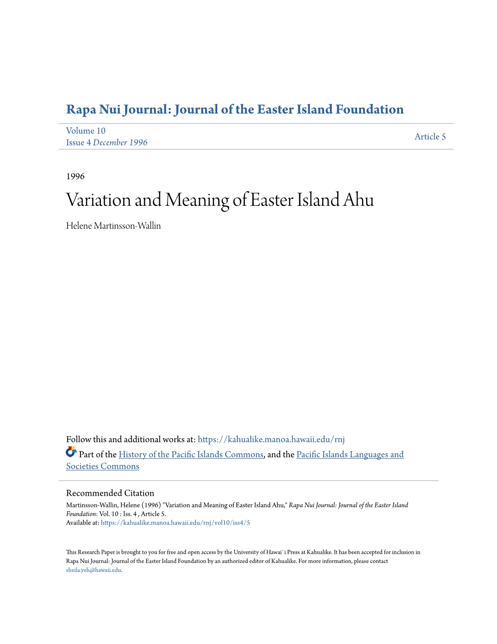 Variation and Meaning of Easter Island Ahu Helene Martinsson-Wallin