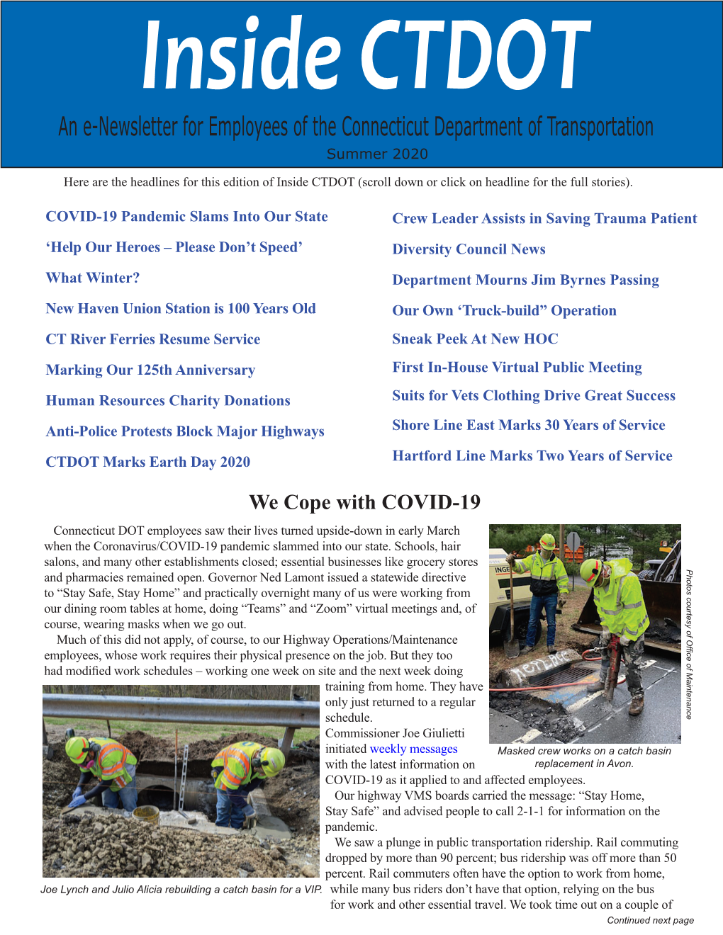 Inside CTDOT an E-Newsletter for Employees of the Connecticut Department of Transportation Summer 2020