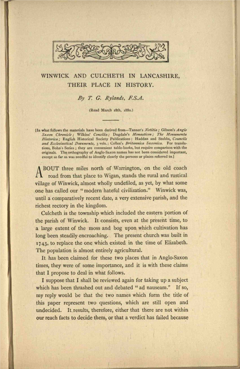 Winwick and Culcheth in Lancashire, Their Place in History