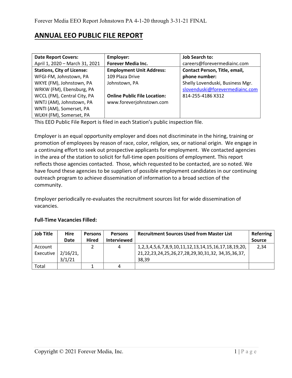 EEO Report Johnstown PA 4-1-20 Through 3-31-21 FINAL