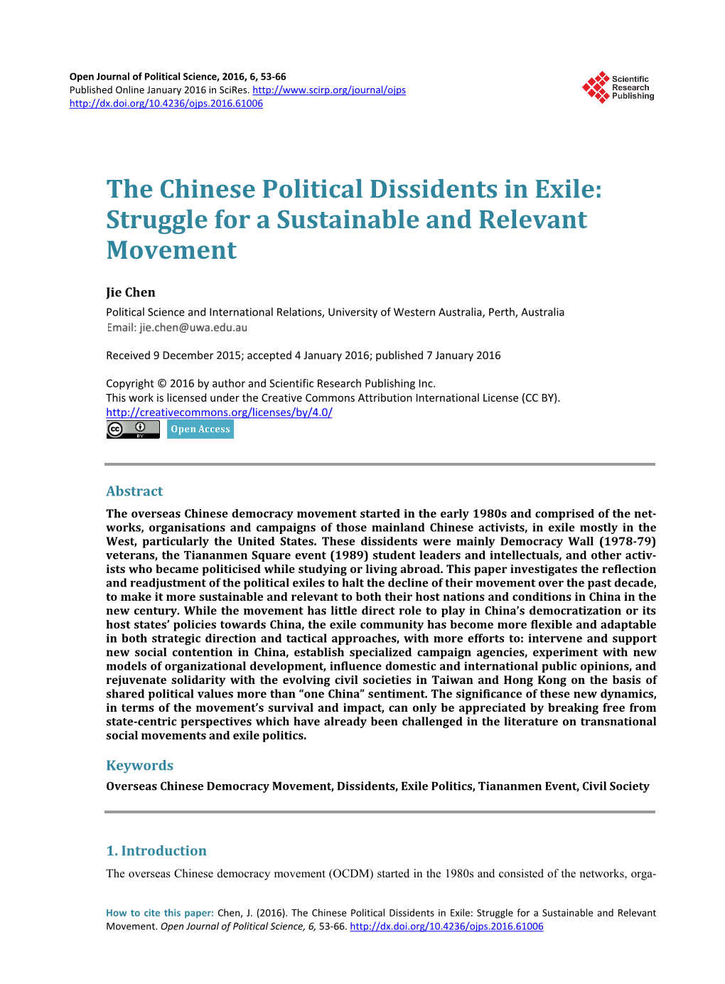The Chinese Political Dissidents in Exile: Struggle for a Sustainable and Relevant Movement