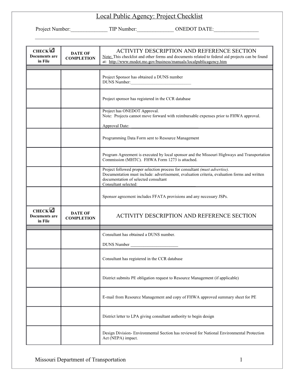 Local Public Agency: Project Checklist