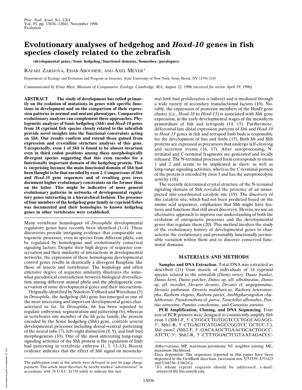 Evolutionary Analyses of Hedgehog and Hoxd-10 Genes in Fish Species