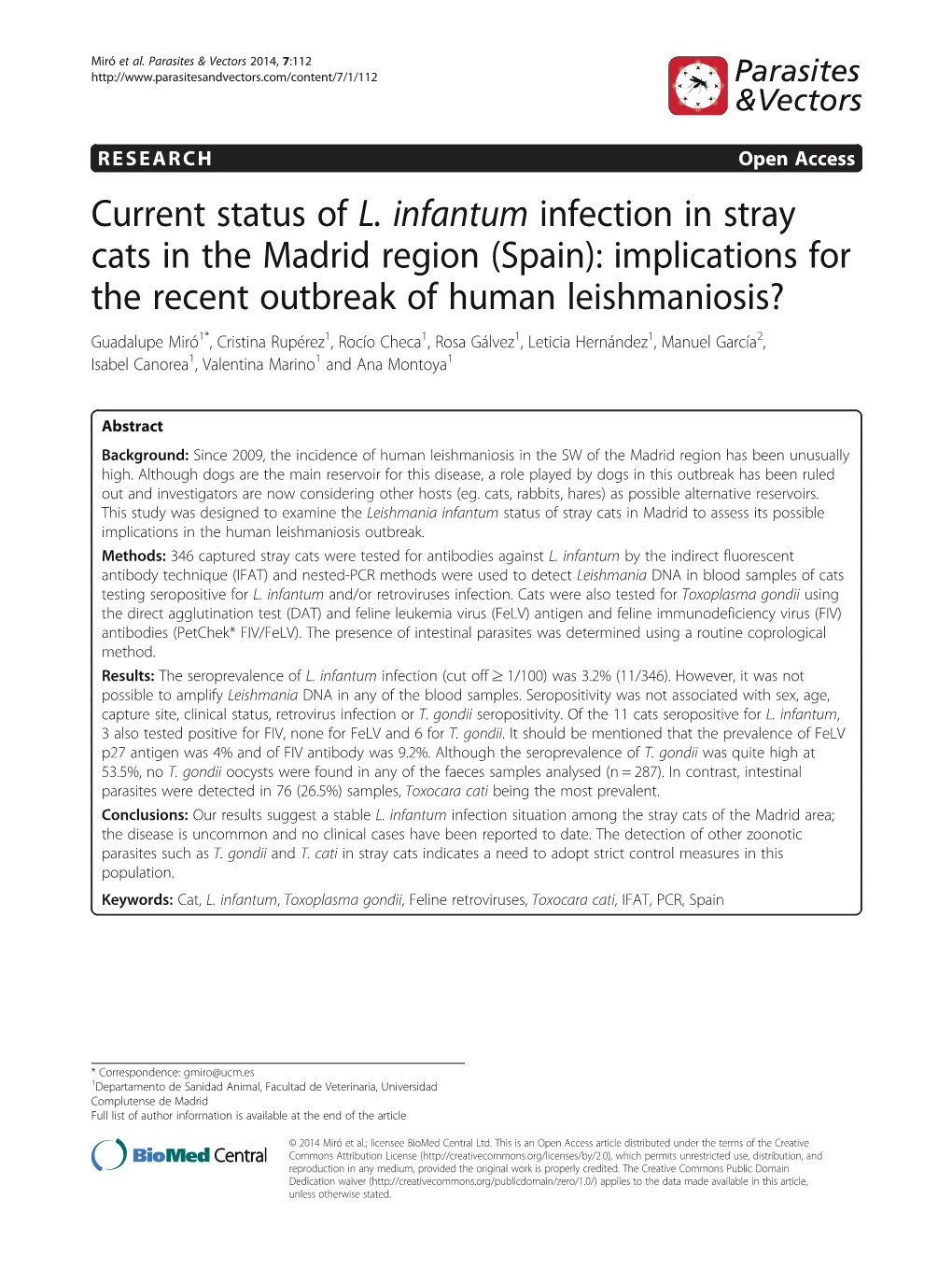Current Status of L. Infantum Infection in Stray Cats in the Madrid Region