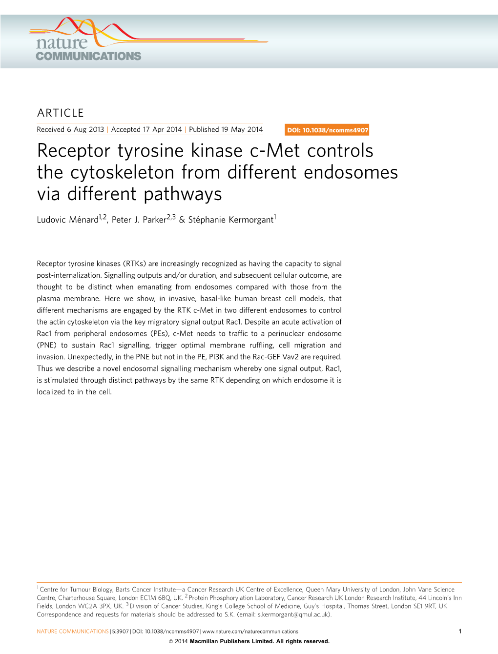 Receptor Tyrosine Kinase C-Met Controls the Cytoskeleton from Different Endosomes Via Different Pathways