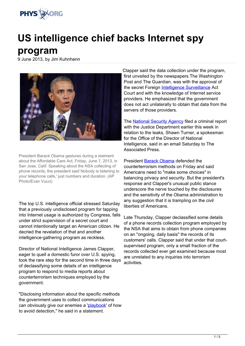 US Intelligence Chief Backs Internet Spy Program 9 June 2013, by Jim Kuhnhenn