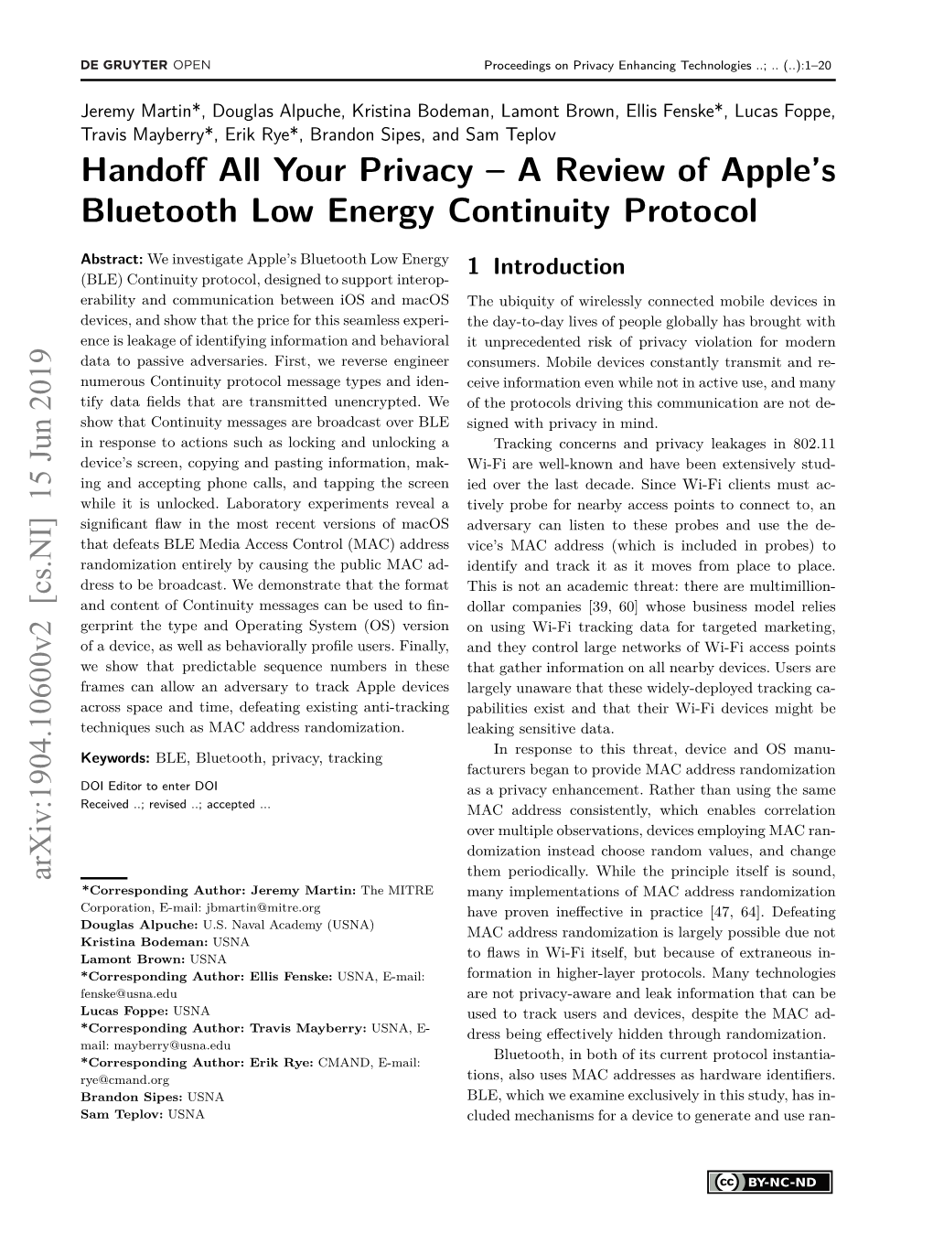 Handoff All Your Privacy – a Review of Apple's Bluetooth Low Energy Continuity Protocol