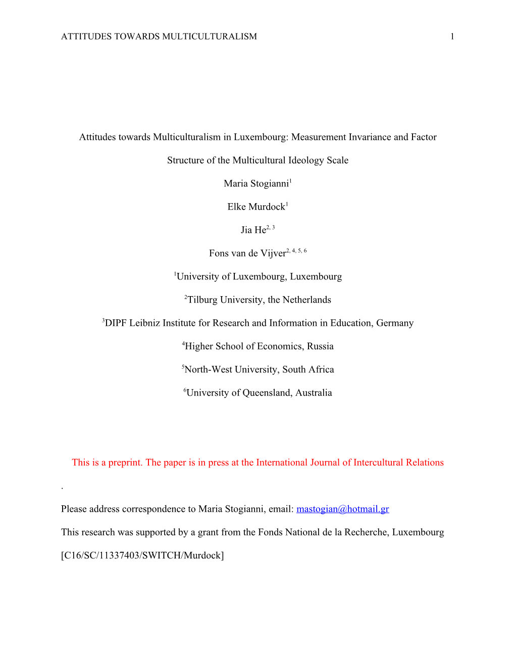 Attitudes Towards Multiculturalism in Luxembourg: Measurement Invariance and Factor