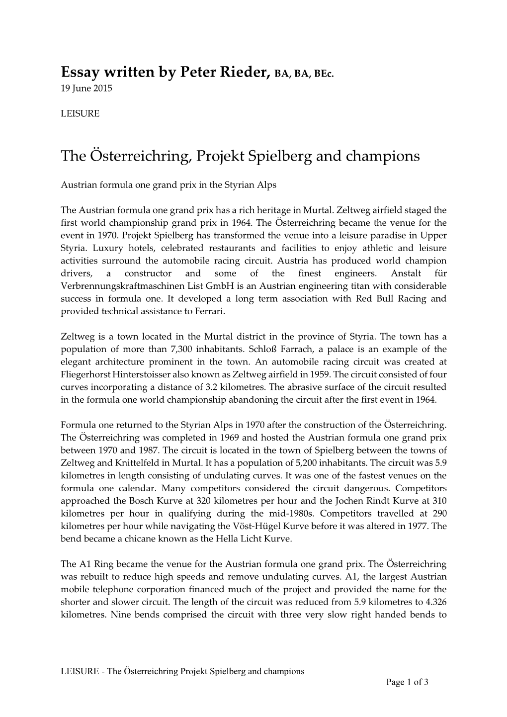 Essay Written by Peter Rieder, BA, BA, Bec. the Österreichring, Projekt Spielberg and Champions