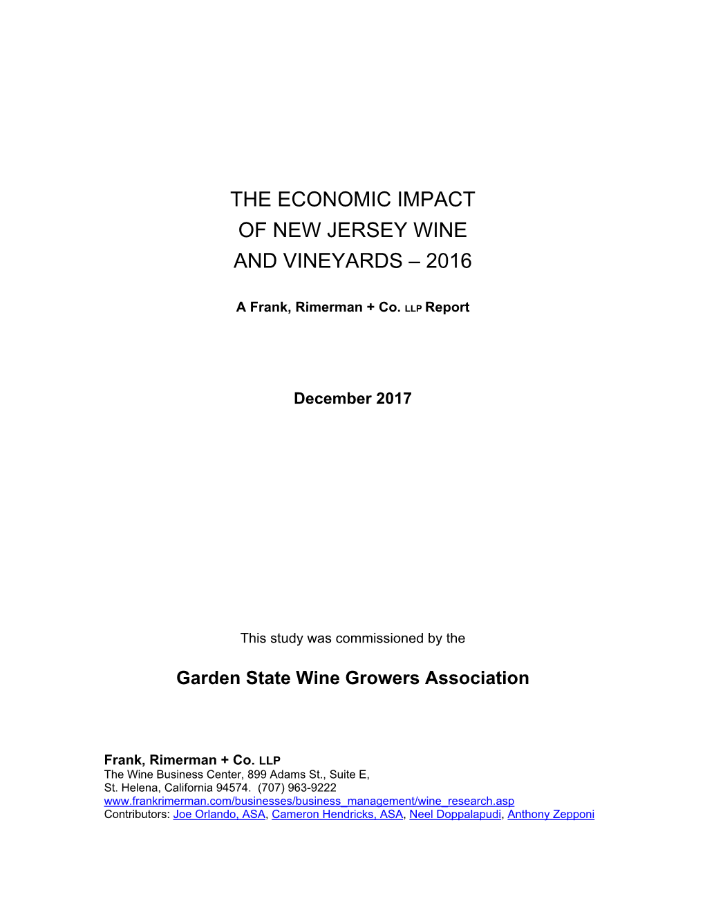 The Economic Impact of New Jersey Wine and Vineyards – 2016