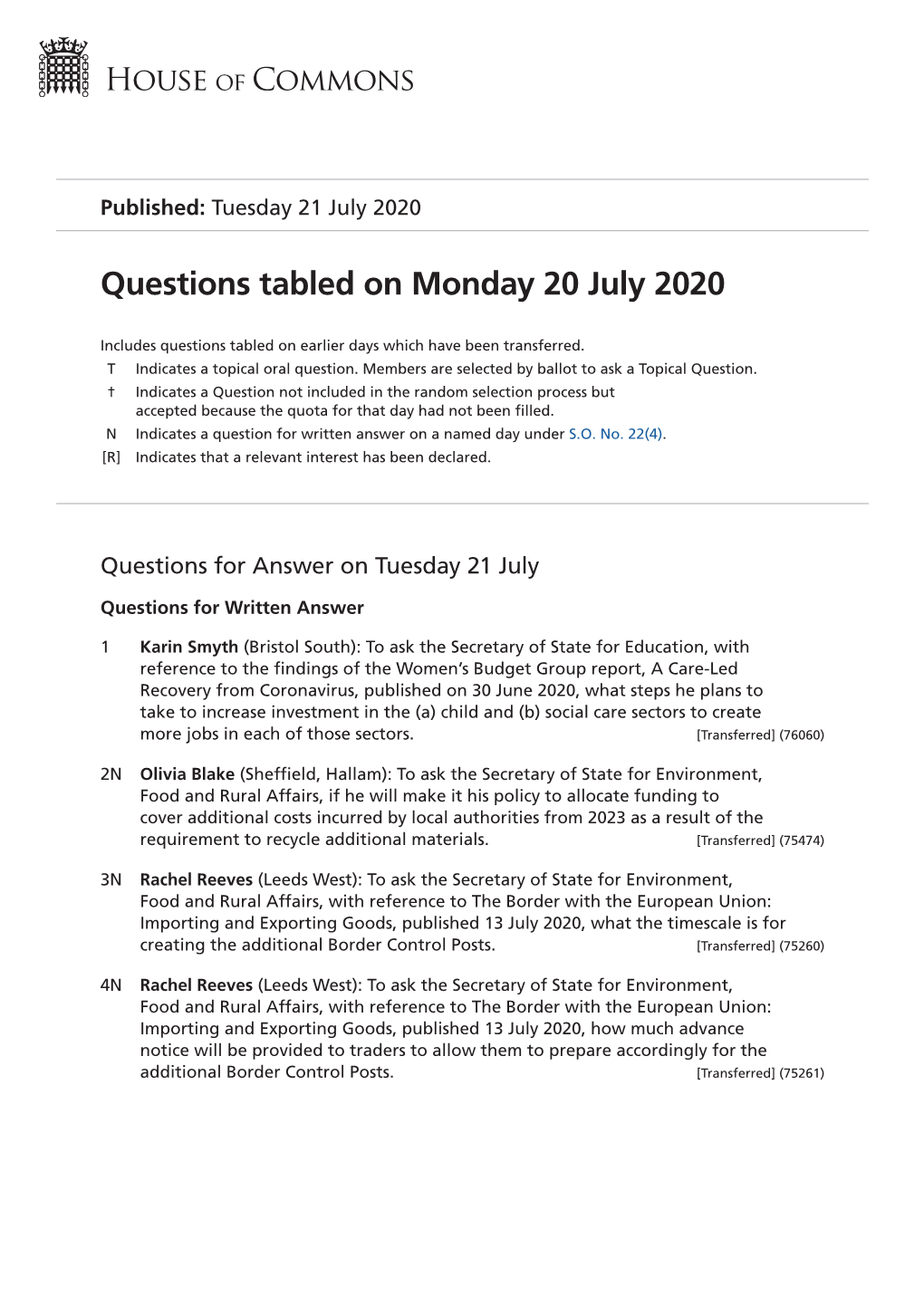 Questions Tabled on Monday 20 July 2020