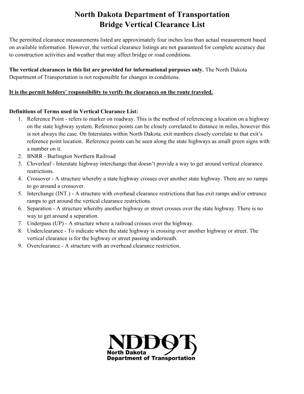 North Dakota Department of Transportation Bridge Vertical Clearance List
