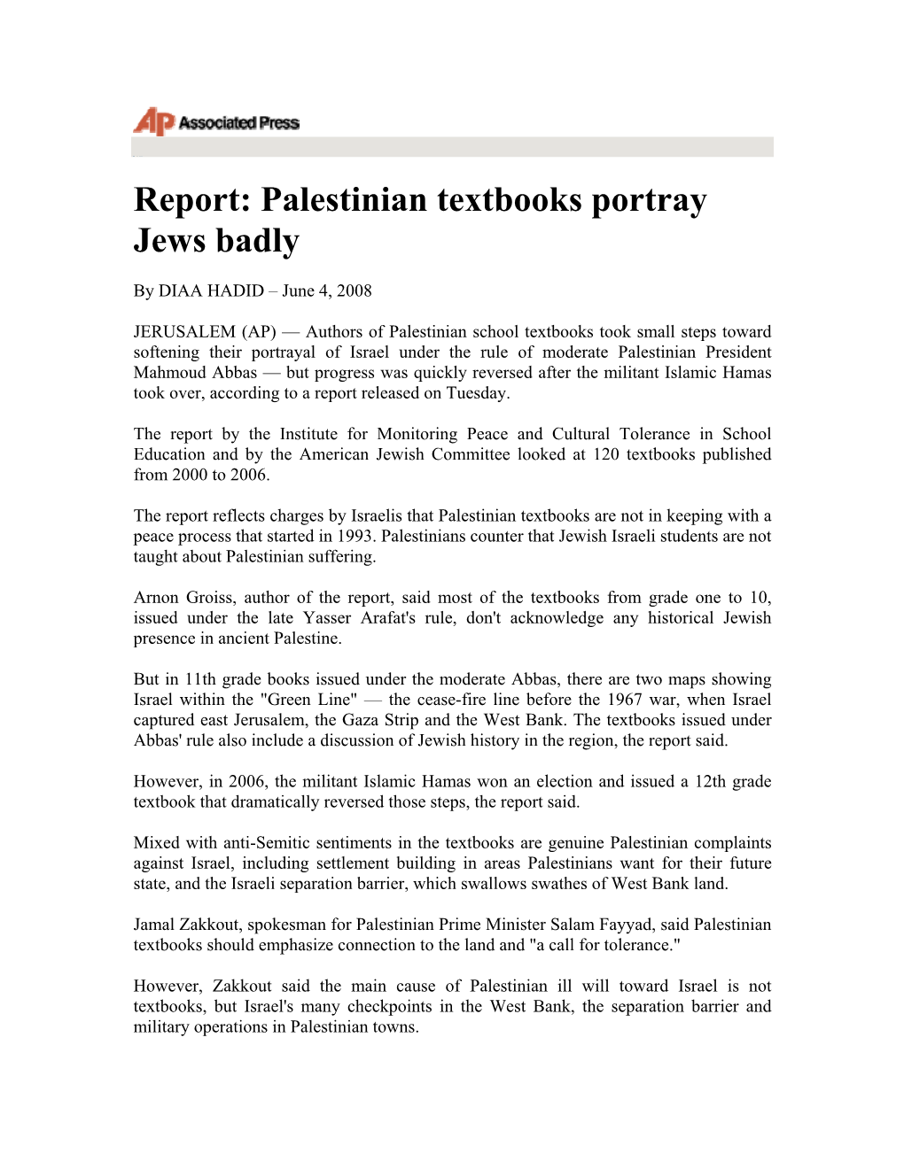 Palestinian Textbooks Portray Jews Badly