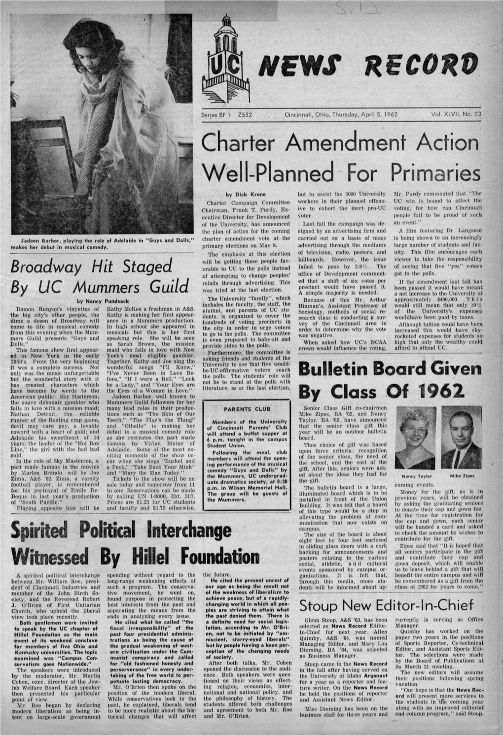 University of Cincinnati News Record. Thursday, April 5, 1962. Vol. XLVII