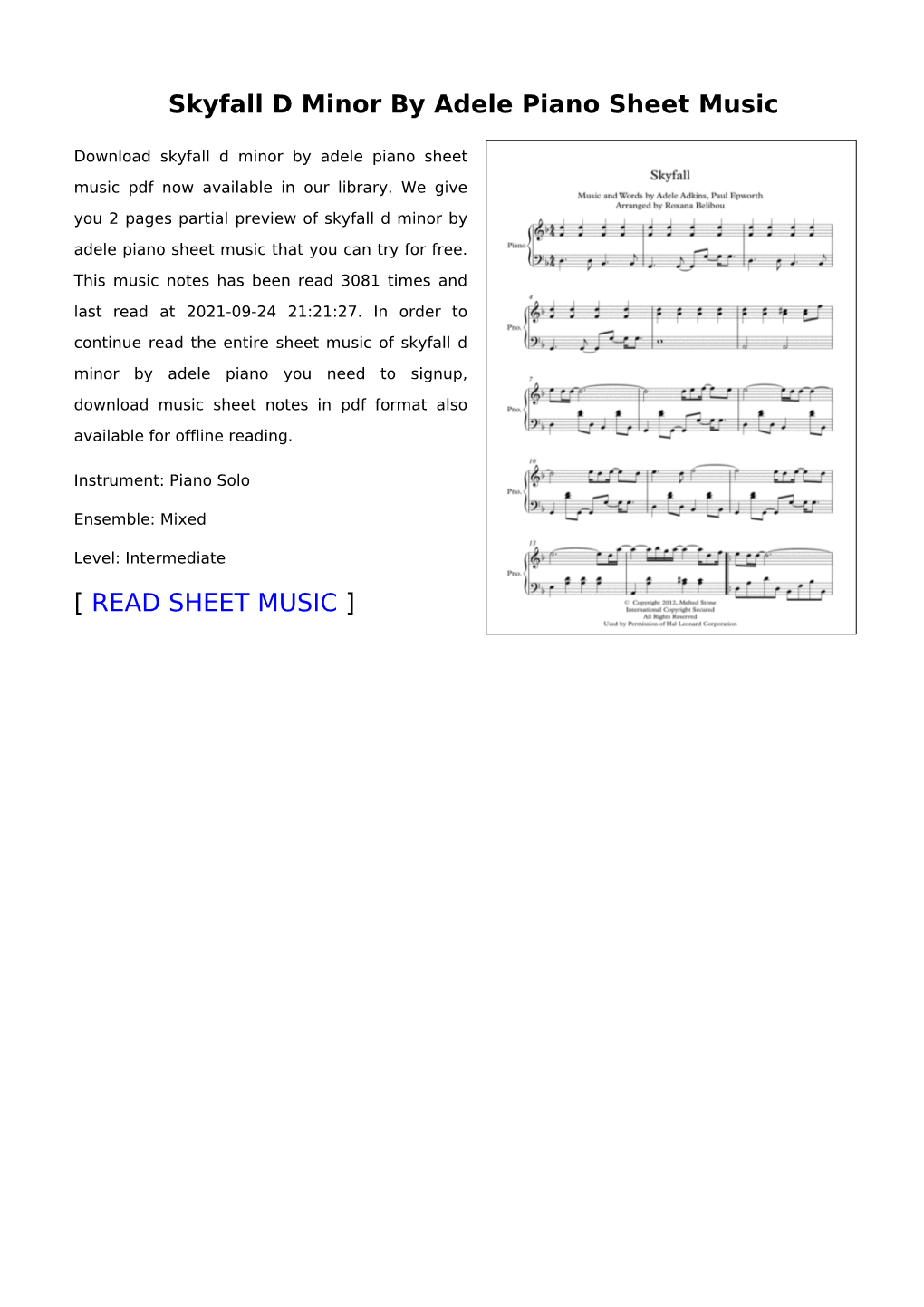 Skyfall D Minor by Adele Piano Sheet Music