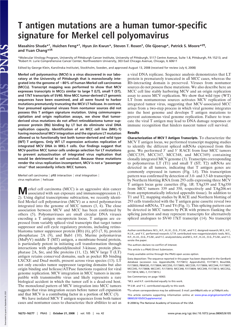 T Antigen Mutations Are a Human Tumor-Specific Signature for Merkel Cell Polyomavirus