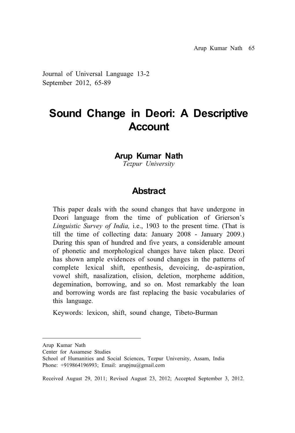 Sound Change in Deori: a Descriptive Account