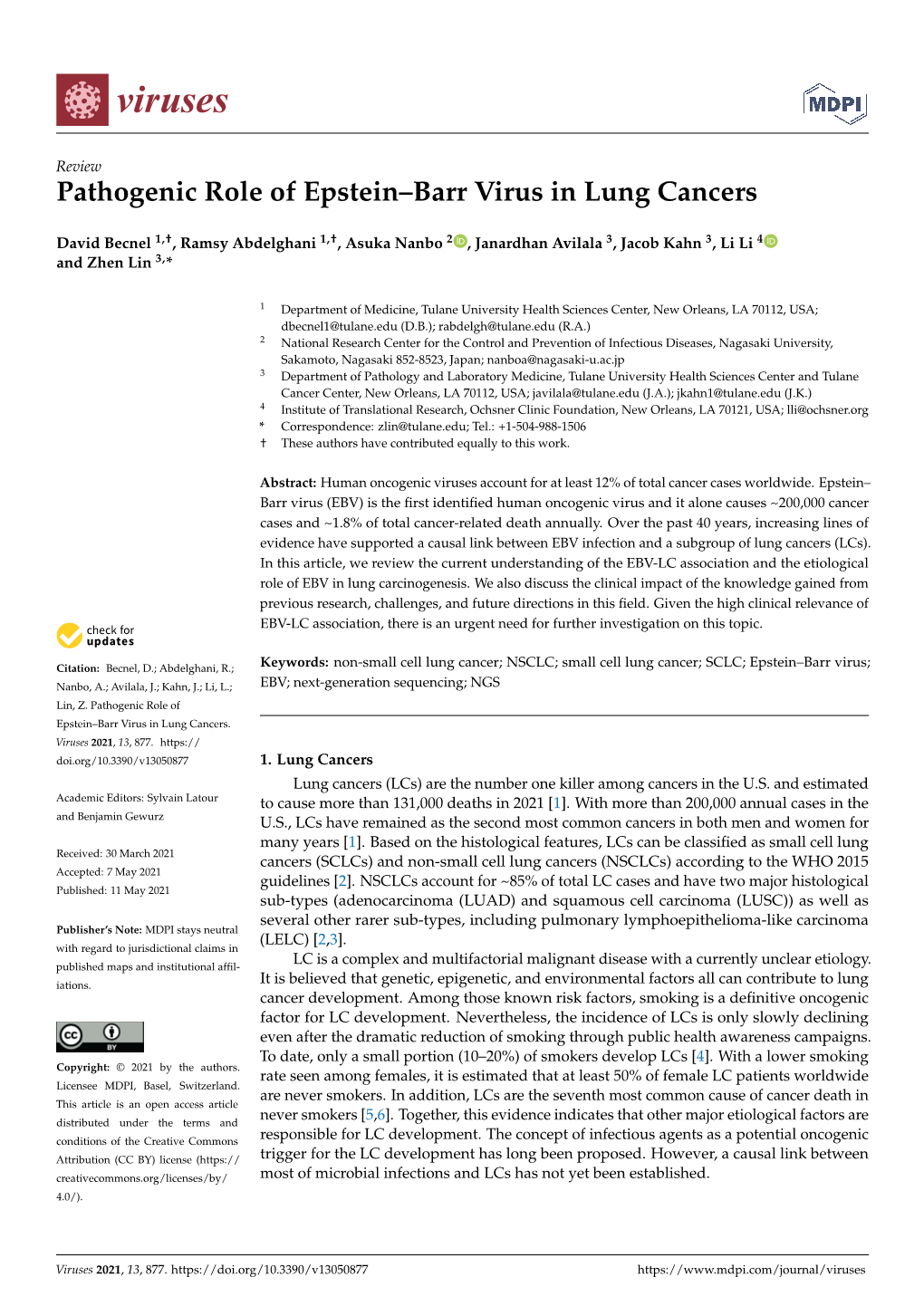 Pathogenic Role of Epstein–Barr Virus in Lung Cancers