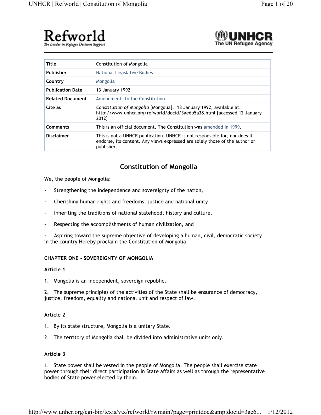 Constitution of Mongolia Page 1 of 20