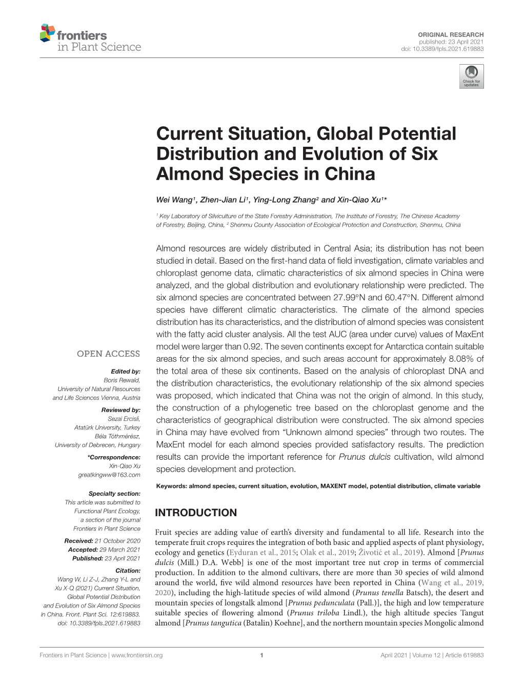 Current Situation, Global Potential Distribution and Evolution of Six Almond Species in China