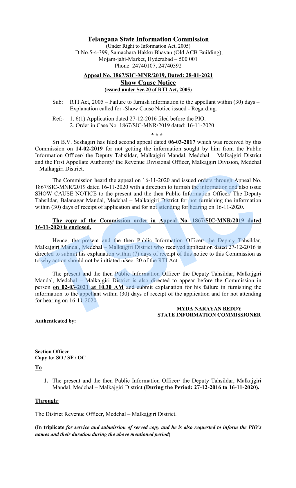 1867/SIC-MNR/2019, Dated: 28-01-2021 Show Cause Notice (Issued Under Sec.20 of RTI Act, 2005)