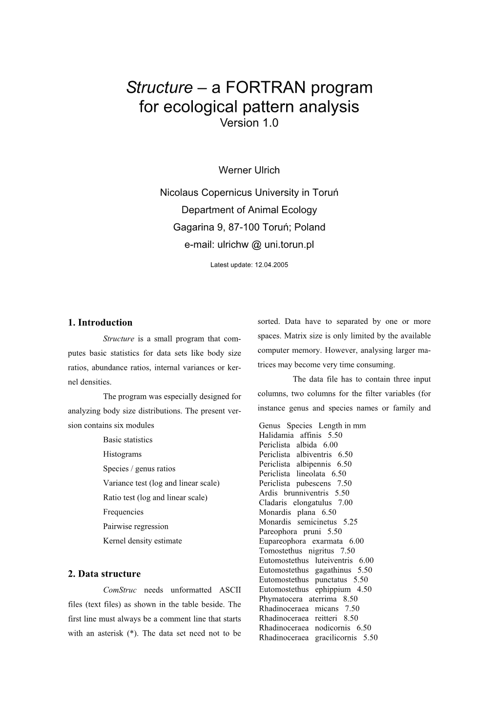 Structure – a FORTRAN Program for Ecological Pattern Analysis Version 1.0