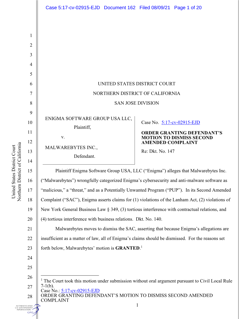 Case 5:17-Cv-02915-EJD Document 162 Filed 08/09/21 Page 1 of 20