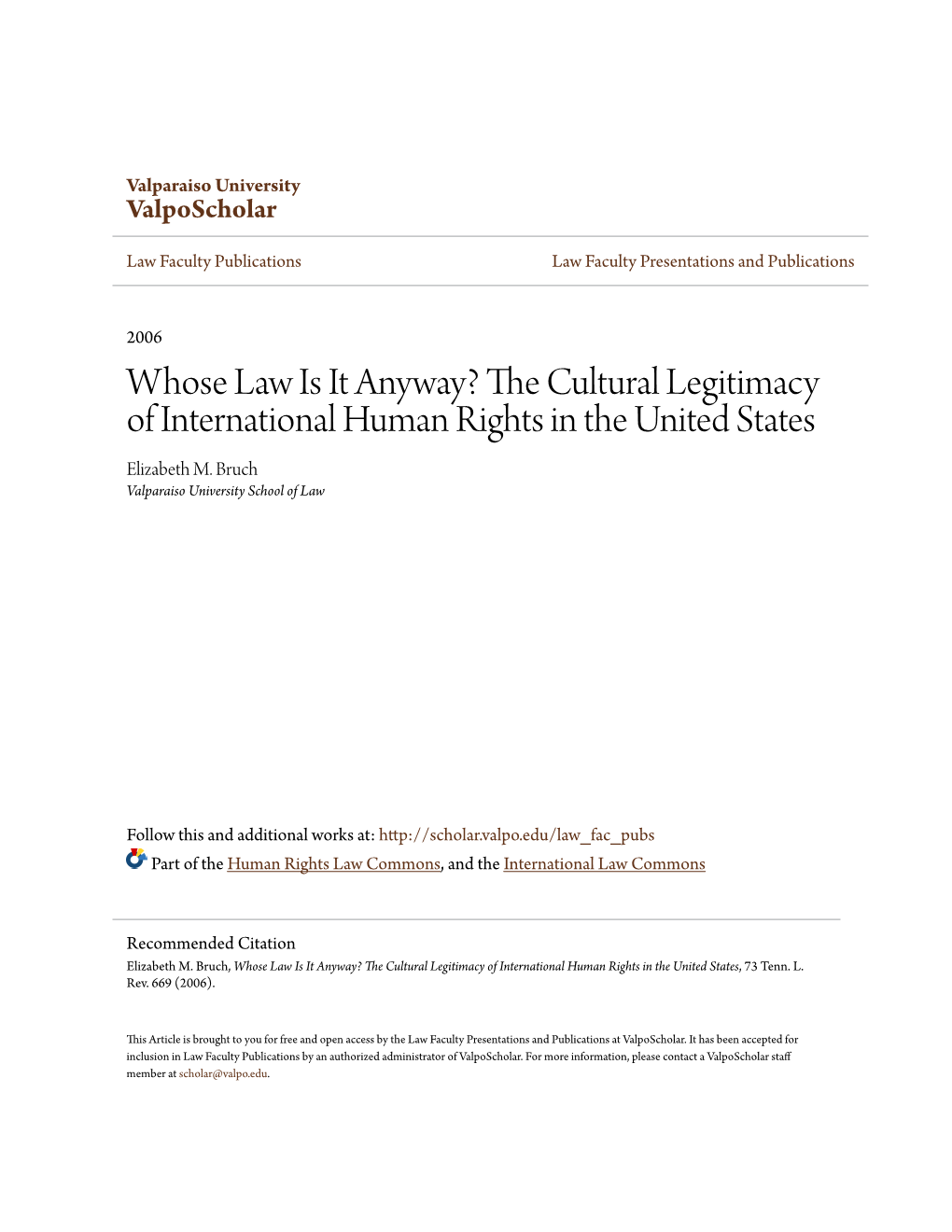 The Cultural Legitimacy of International Human Rights in the United States, 73 Tenn