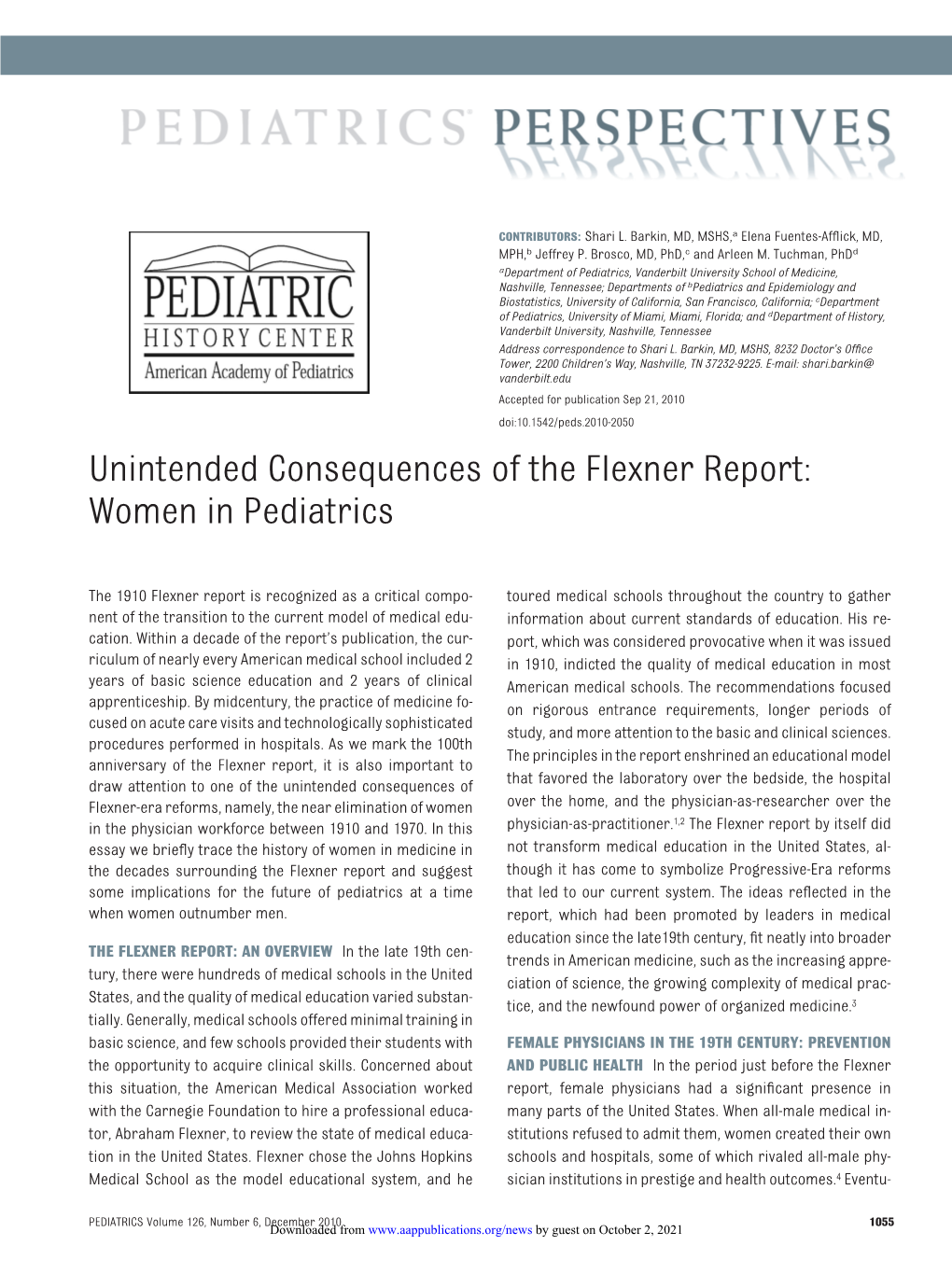 Unintended Consequences of the Flexner Report: Women in Pediatrics