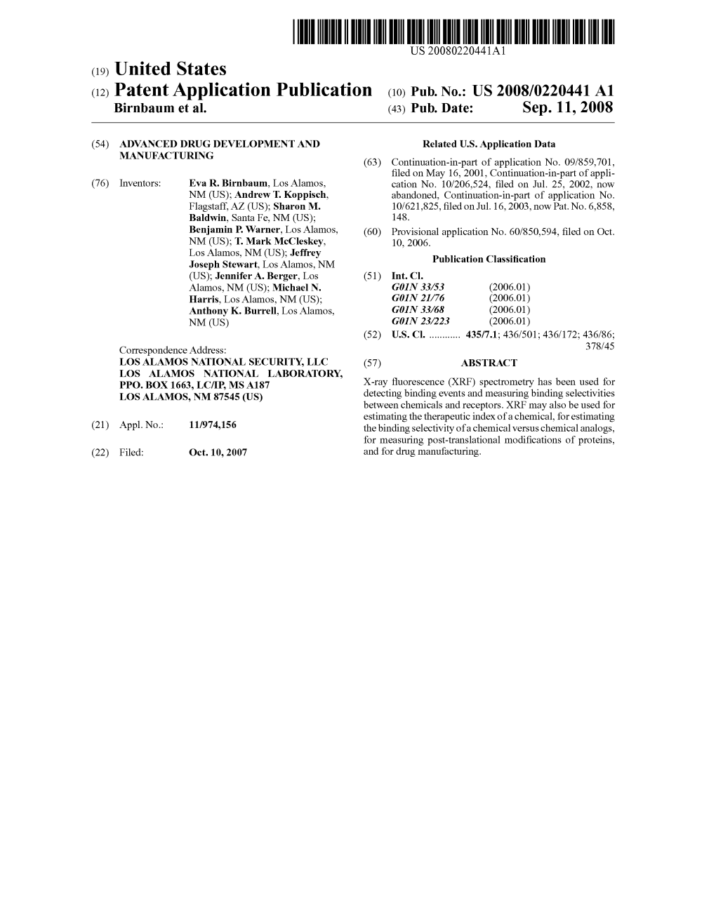 (12) Patent Application Publication (10) Pub. No.: US 2008/0220441 A1 Birnbaum Et Al