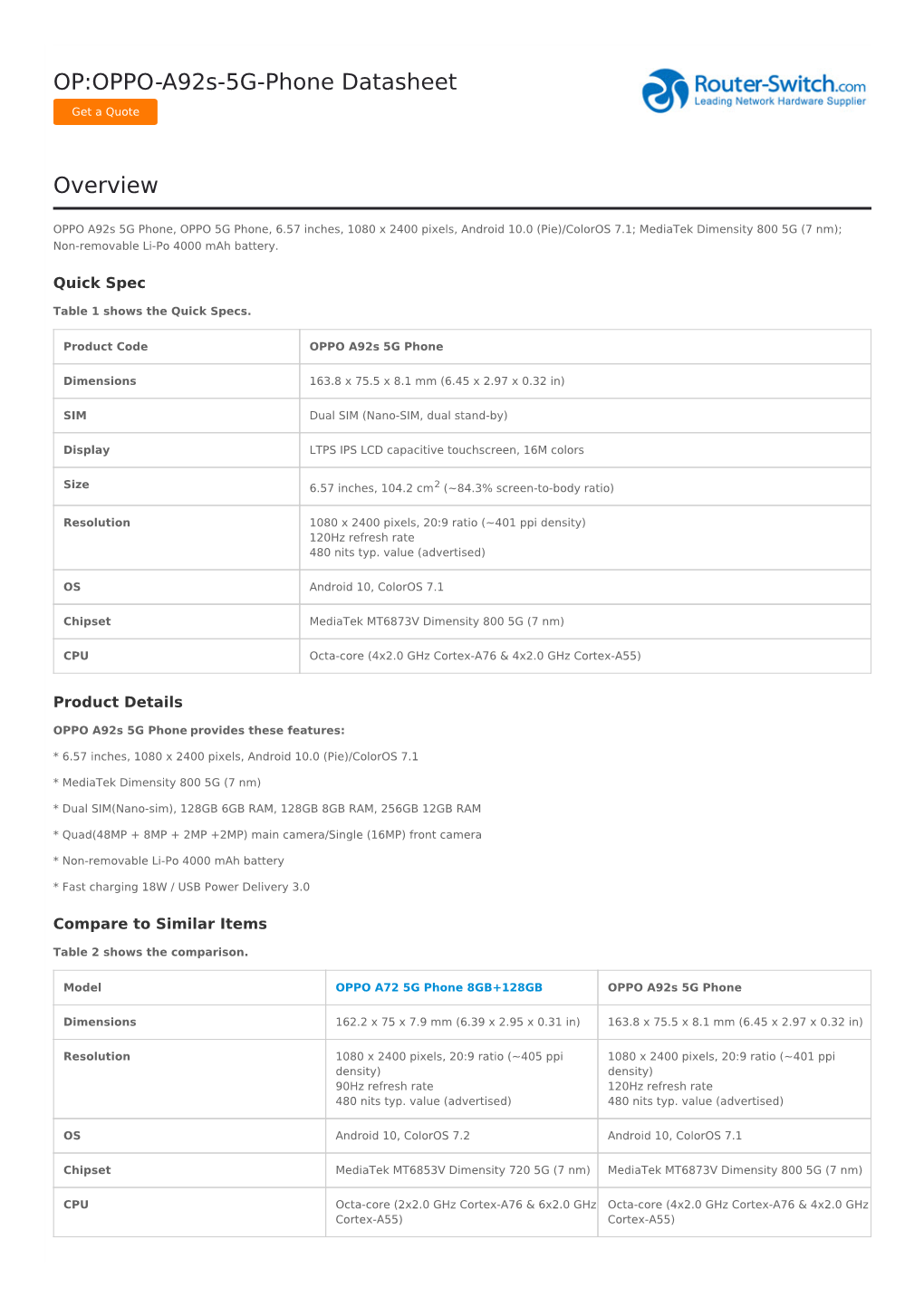 OP:OPPO-A92s-5G-Phone Datasheet Overview