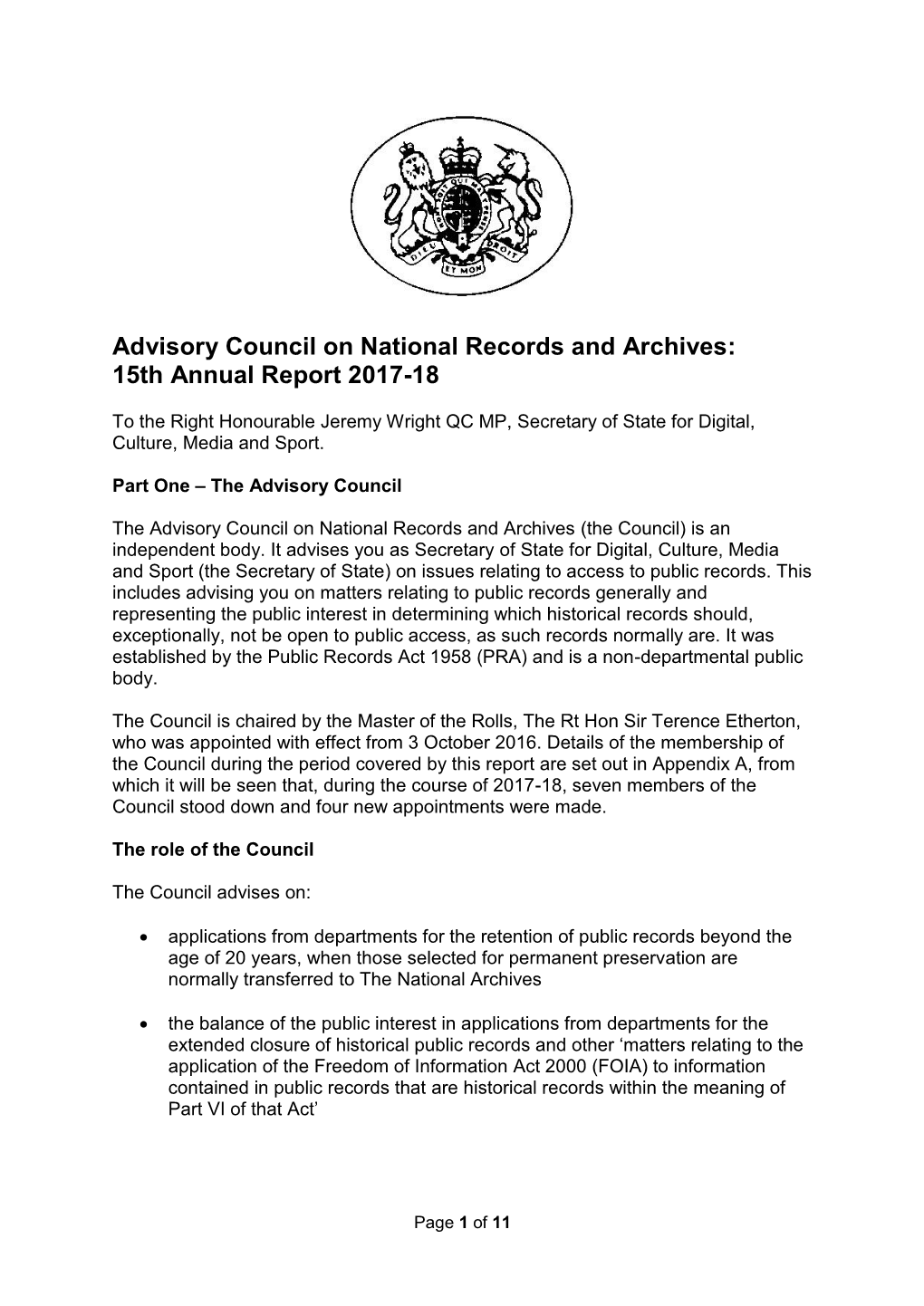 Advisory Council on National Records and Archives 15Th Annual Report