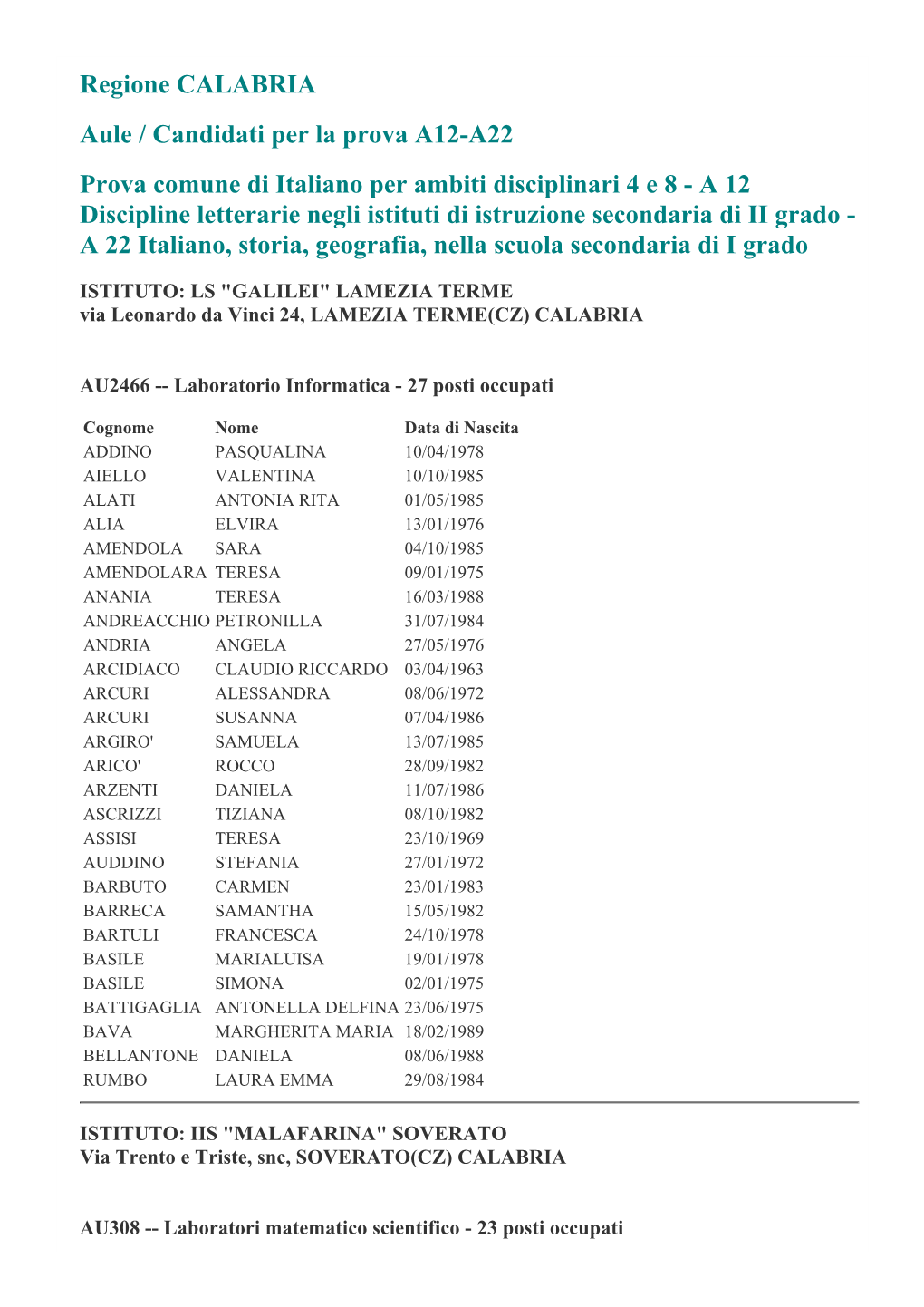 Regione CALABRIA Aule / Candidati Per La Prova A12-A22 Prova