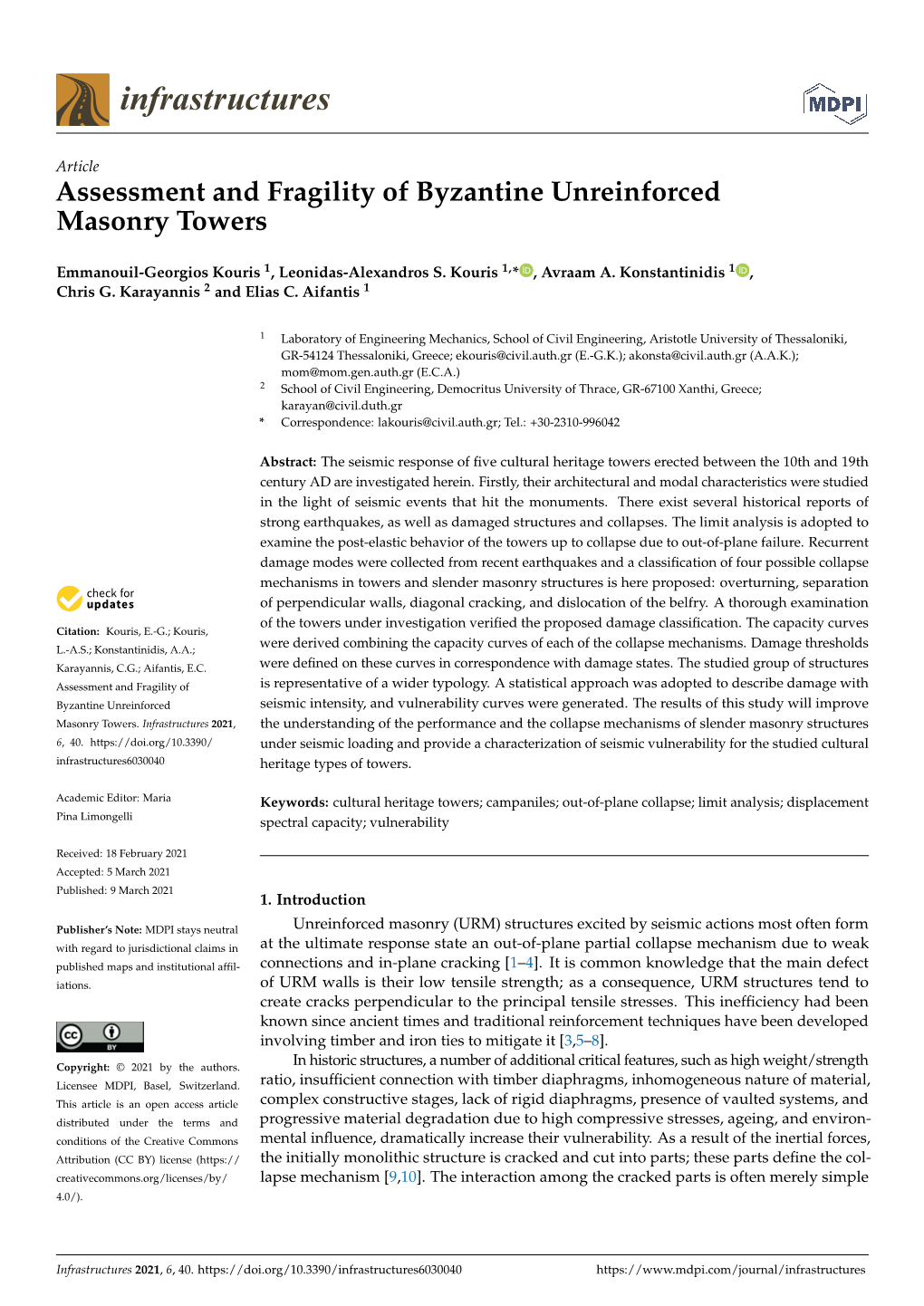 Assessment and Fragility of Byzantine Unreinforced Masonry Towers