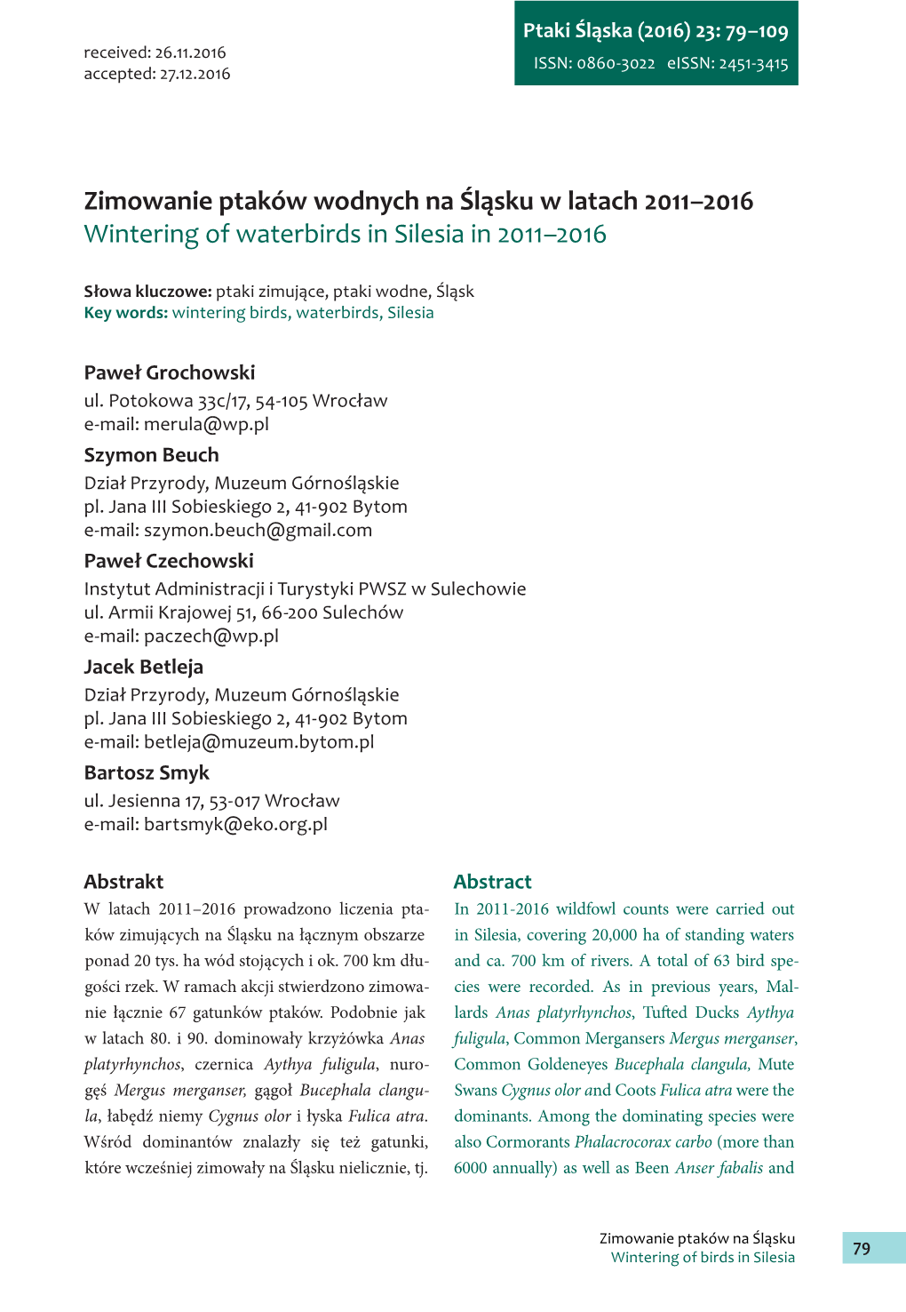 Zimowanie Ptaków Wodnych Na Śląsku W Latach 2011–2016 Wintering of Waterbirds in Silesia in 2011–2016