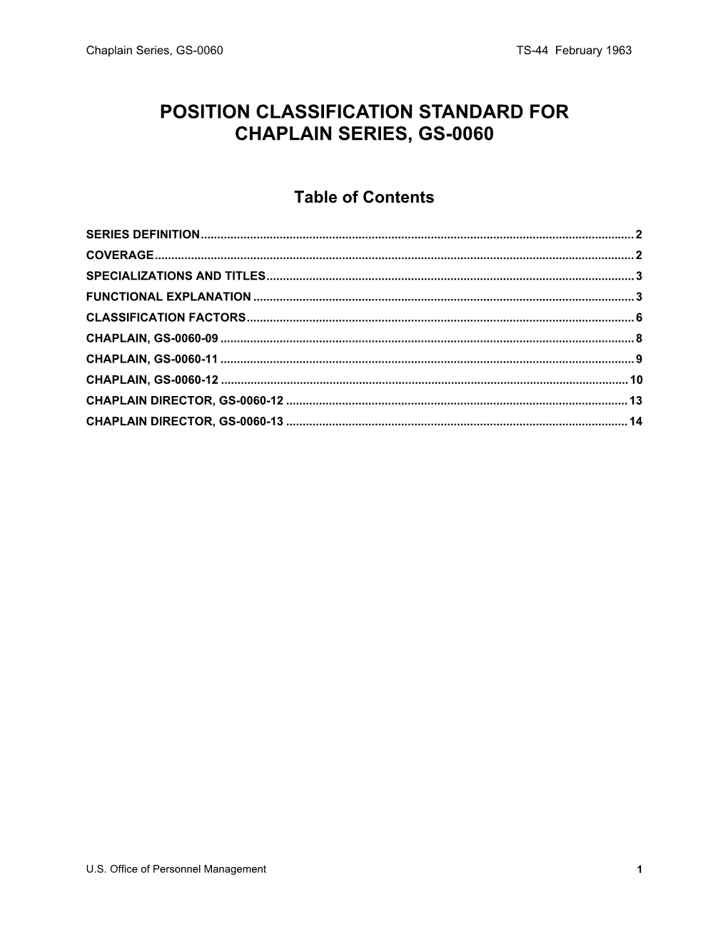 Position Classification Standard for Chaplain Series, Gs-0060