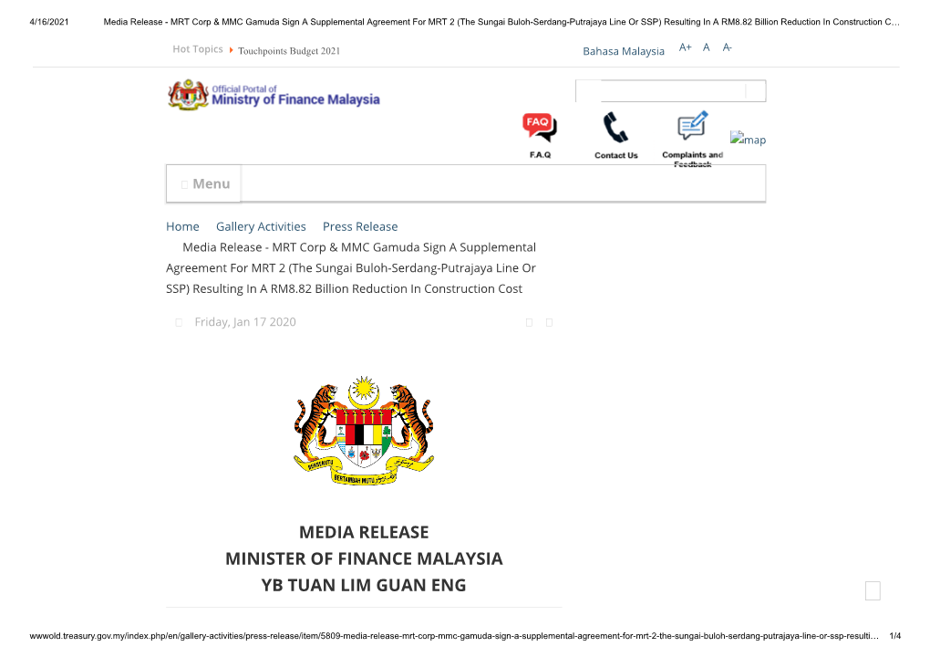 Media Release Minister of Finance Malaysia Yb Tuan Lim