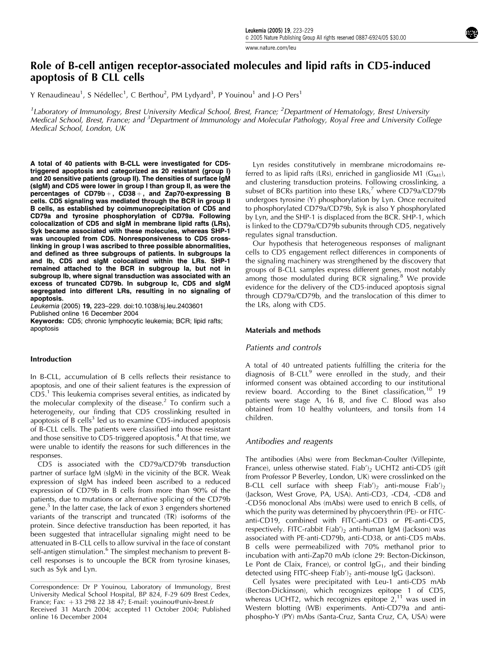 Role of B-Cell Antigen Receptor-Associated Molecules and Lipid Rafts in CD5-Induced Apoptosis of B CLL Cells