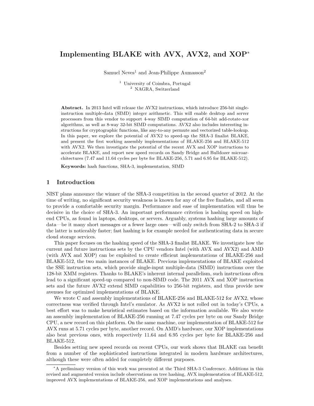 Implementing BLAKE with AVX, AVX2, and XOP∗