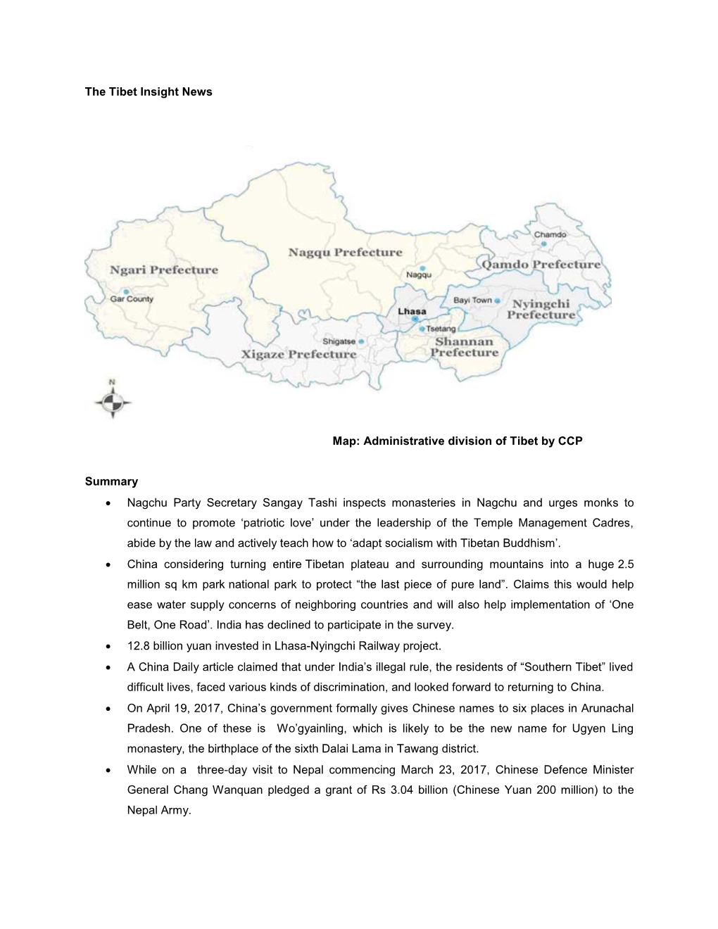 Administrative Division of Tibet by CCP Summary • Nagchu Party