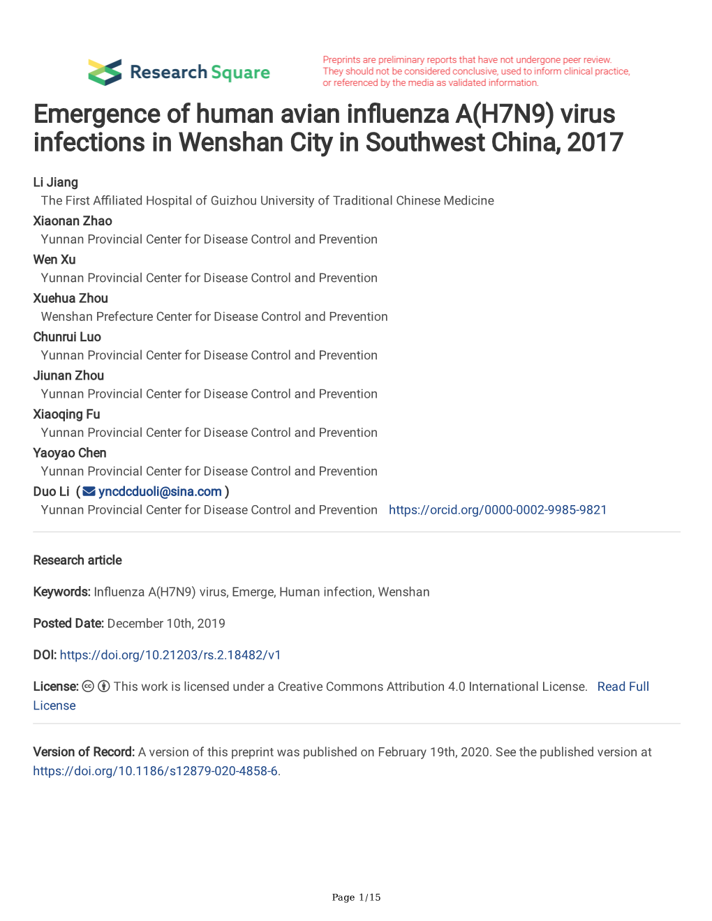 Emergence of Human Avian Influenza A(H7N9)