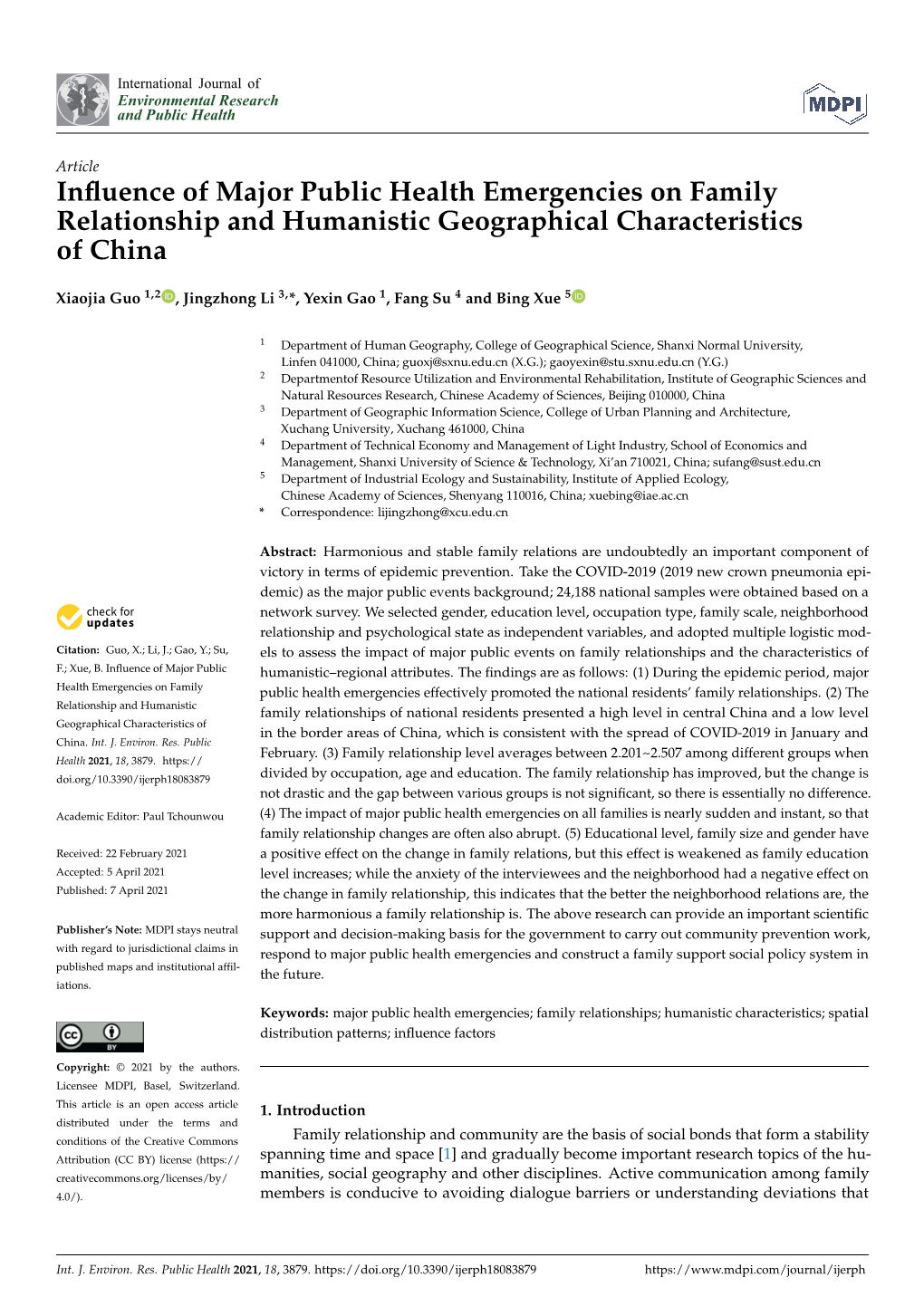 Influence of Major Public Health Emergencies on Family