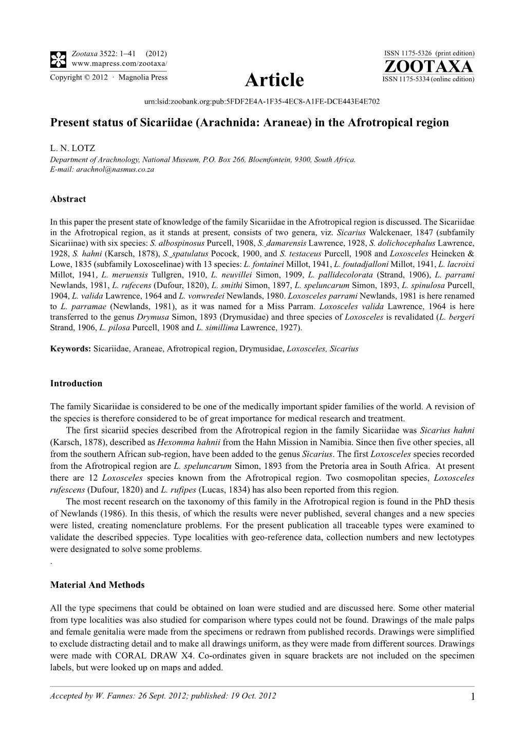 Present Status of Sicariidae (Arachnida: Araneae) in the Afrotropical Region