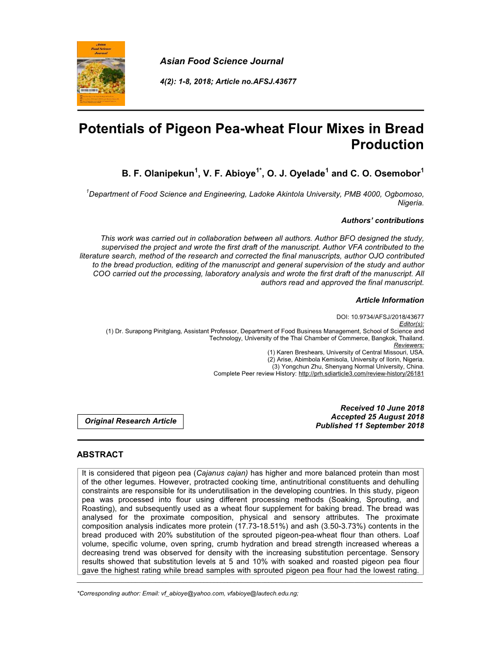 Potentials of Pigeon Pea-Wheat Flour Mixes in Bread Production