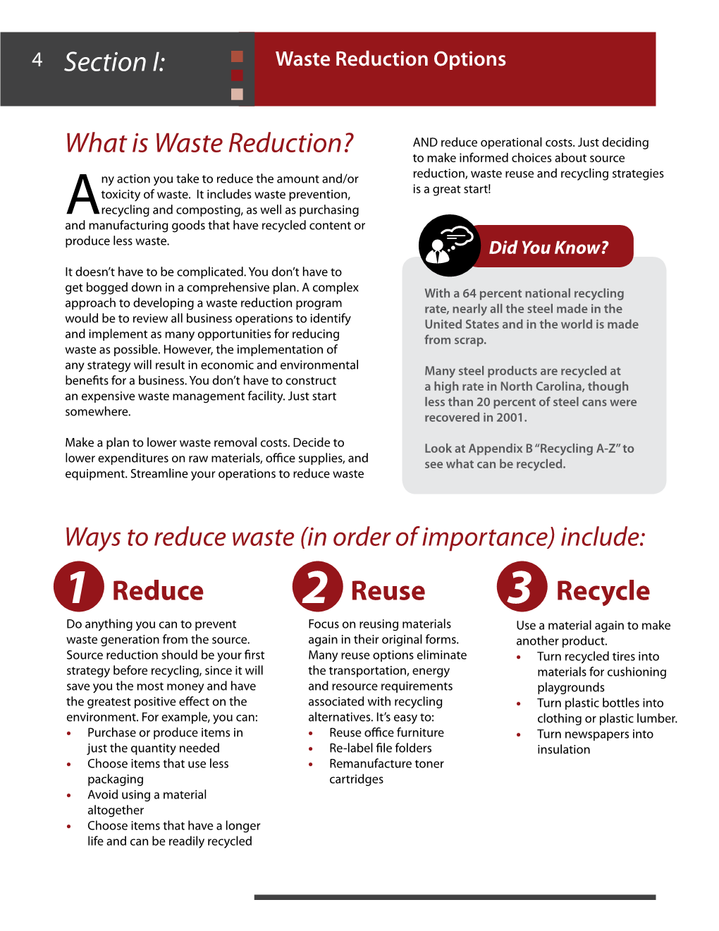 Section I: Reduce What Is Waste Reduction? Reuse Recycle