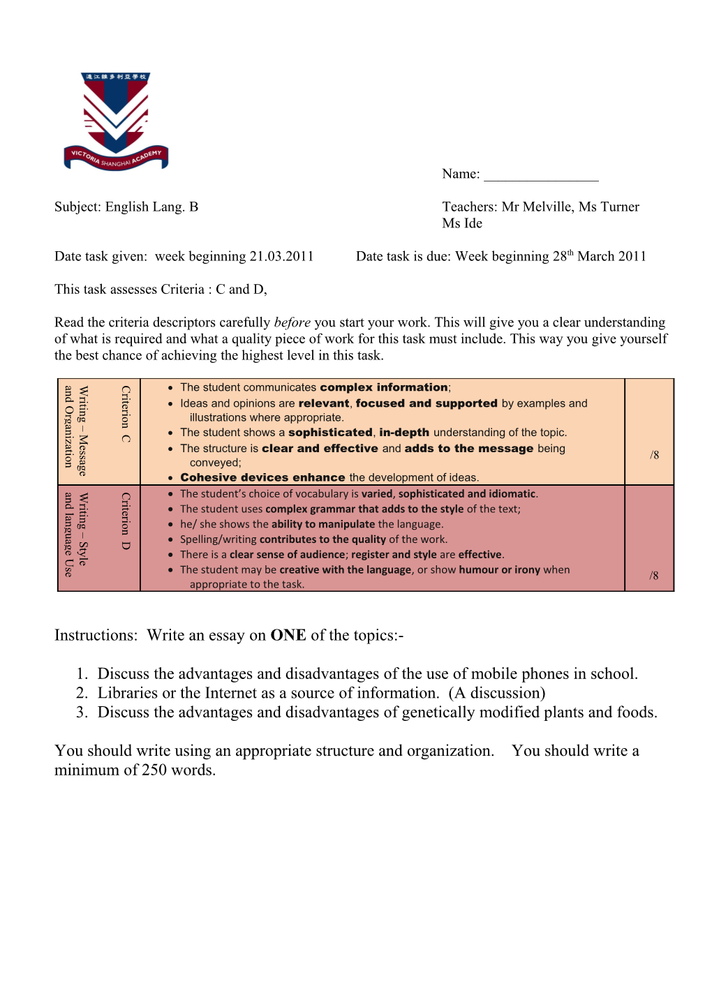 Language A: Published Assessment Criteria