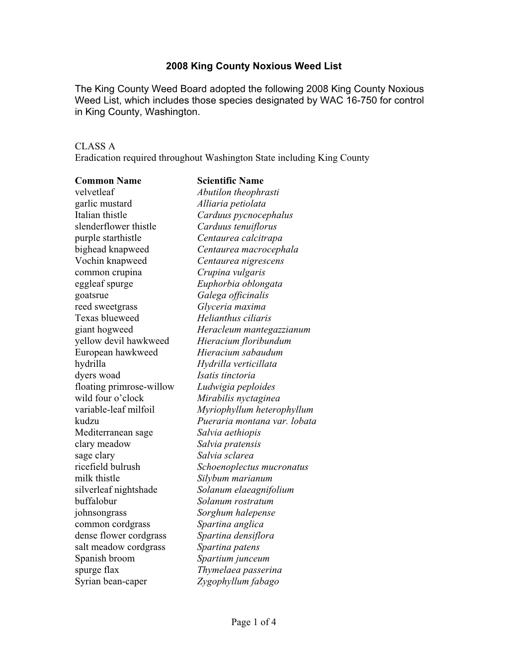 2008 King County Noxious Weed List