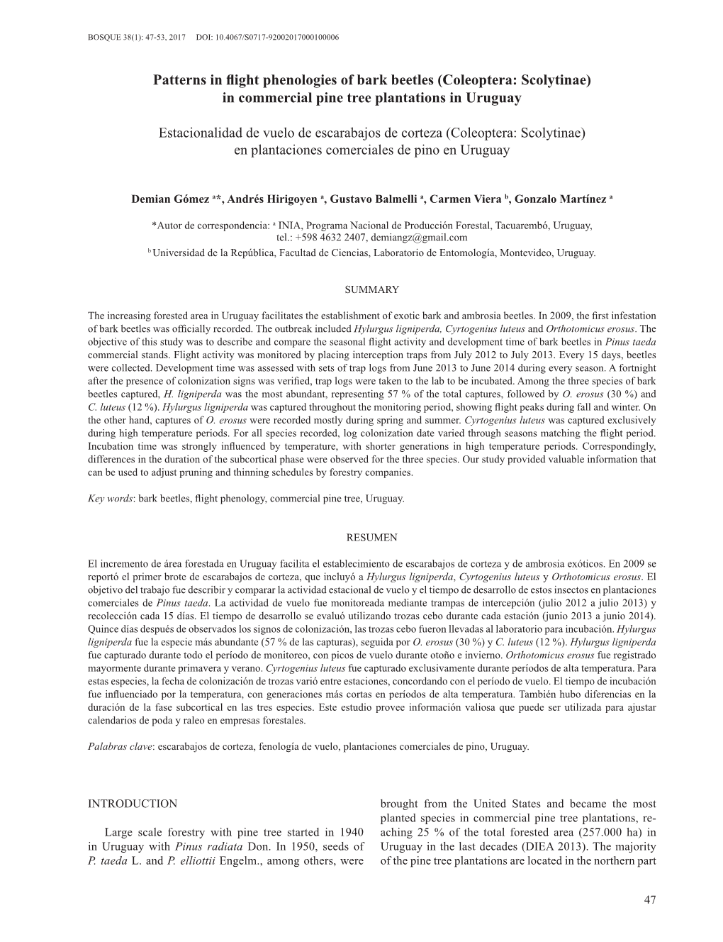 Patterns in Flight Phenologies of Bark Beetles (Coleoptera: Scolytinae) in Commercial Pine Tree Plantations in Uruguay