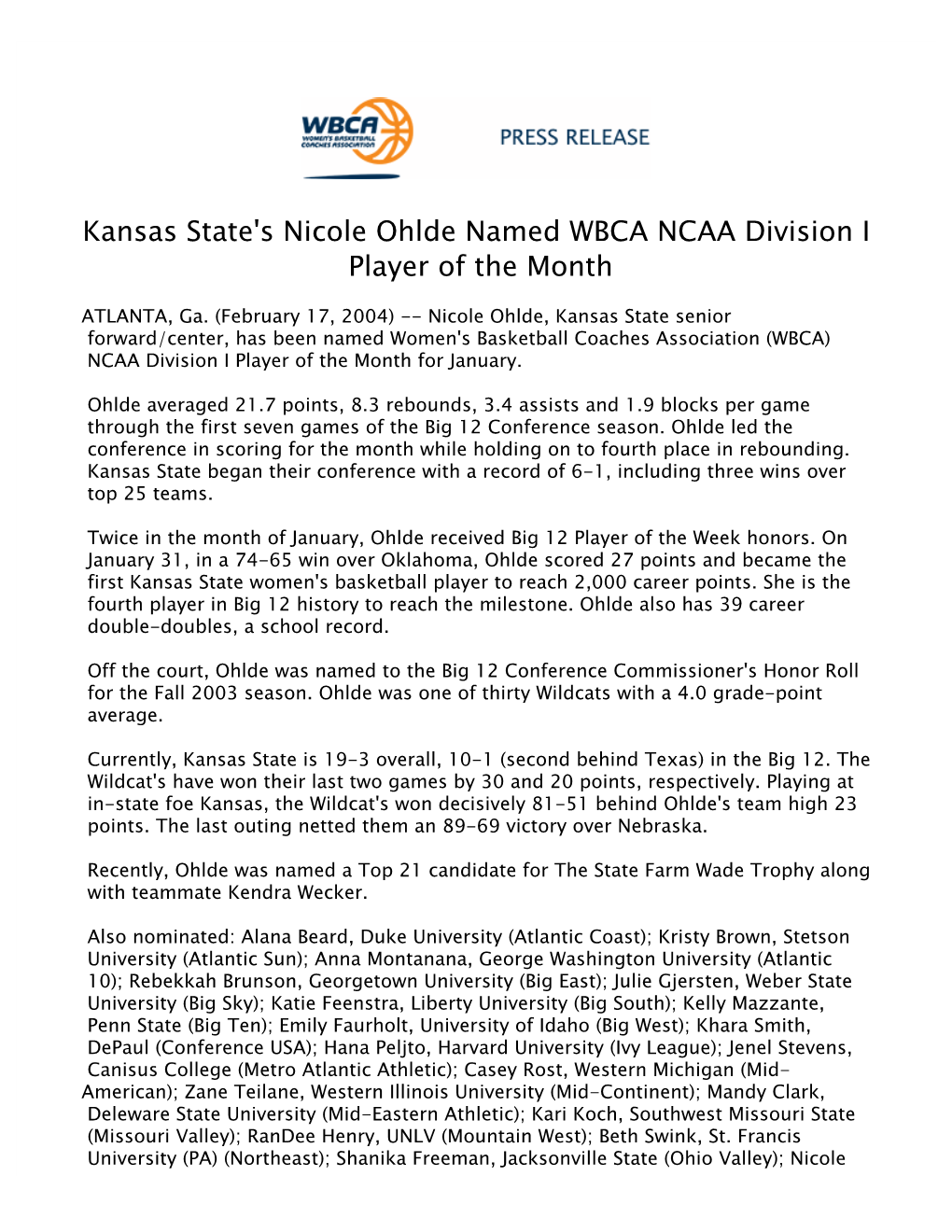 Kansas State's Nicole Ohlde Named WBCA NCAA Division I Player of the Month